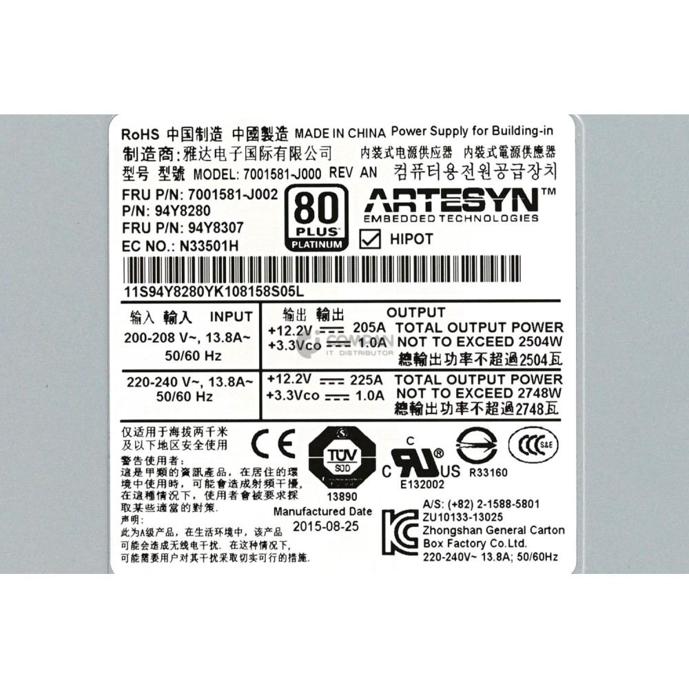 94Y8307 LENOVO 2500W POWER SUPPLY FOR IBM FLEX SYSTEM BLADE ENCLOSURE